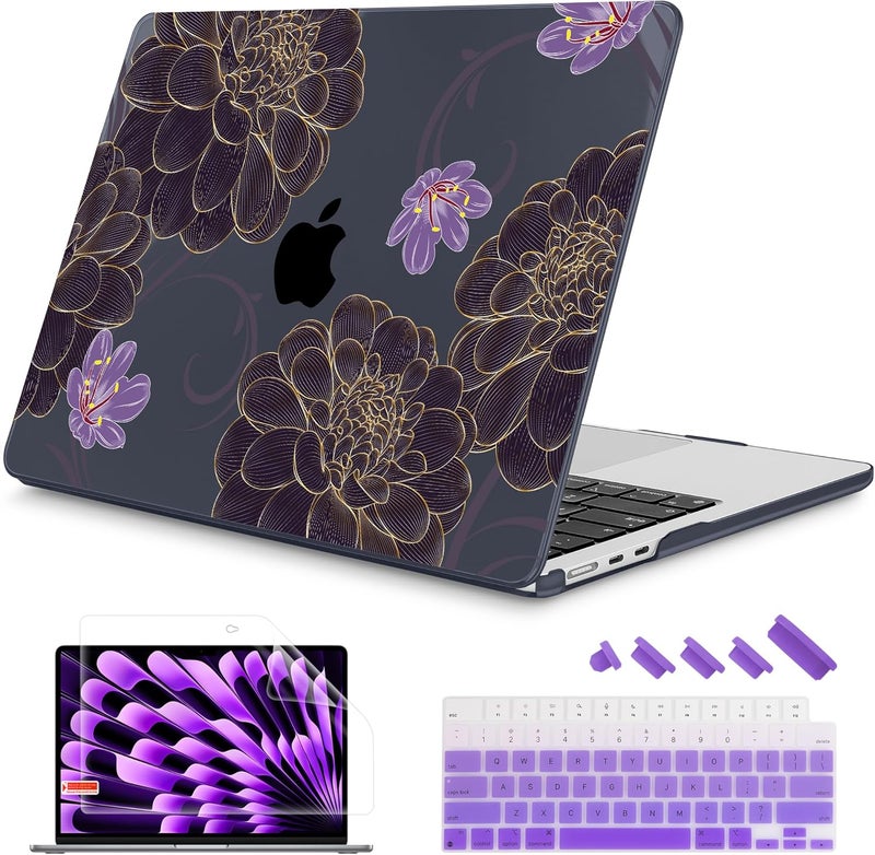 Mektron Designed for 2025/2024/2023 MacBook Air 15 INCH M4 A3241 /M3 A3114 /M2 A2941 Case, Printed Plastic Hard Shell Cover with 15.3" Liquid Retina Display Touch ID, Golden Dahlia Flowers - Image 1